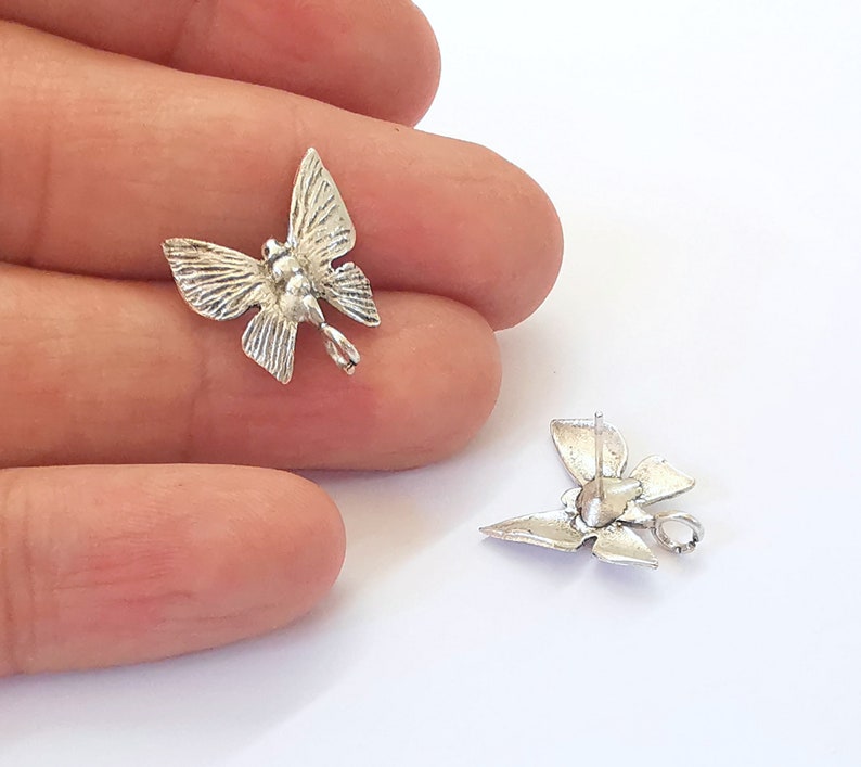 Butterfly Earring Stud Base Earring Posts Antique Silver Plated Brass Earring 1 pair (18x16mm) G24917