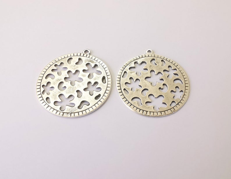 2 Flower Charms Antique Silver Plated Charms (44x40mm) G24927