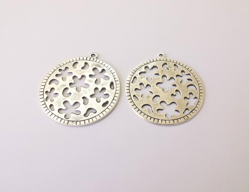 2 Flower Charms Antique Silver Plated Charms (44x40mm) G24927