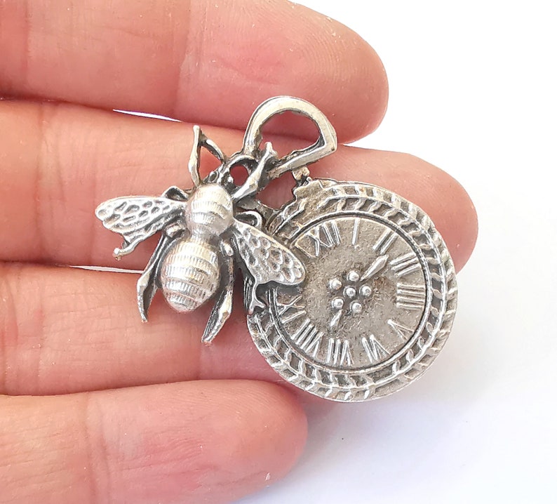 2 Bee and Clock Charm Antique Silver Plated Charms (46x32mm) G24931