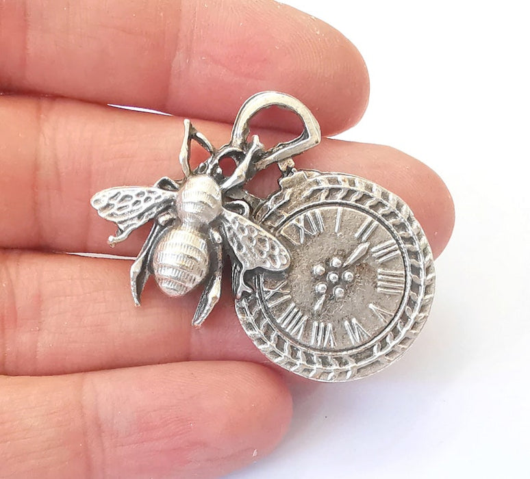 2 Bee and Clock Charm Antique Silver Plated Charms (46x32mm) G24931