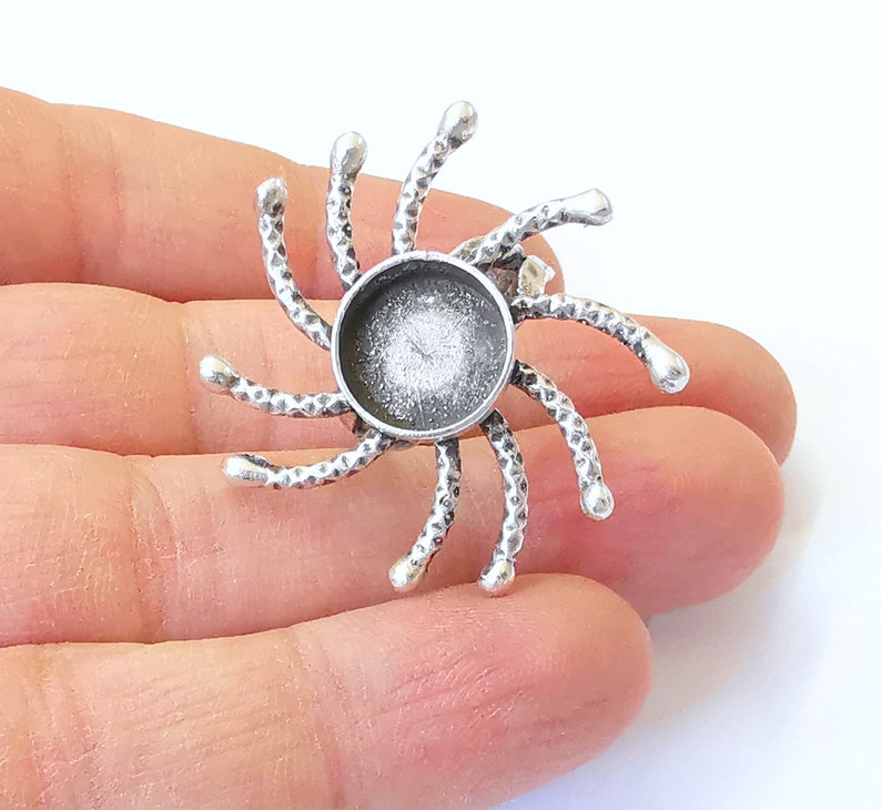 Sun Ring Blank Setting Textured Base Bezel inlay Ring Backs Glass abochon Mounting Adjustable Antique Silver Plated (12mm blank ) G24942