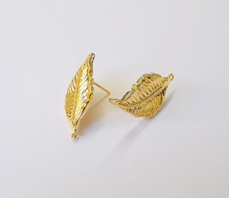 Leaf Earring Stud Base Shiny Gold Plated Brass Earring 1 pair (30x14mm) G24945