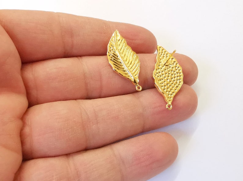 Leaf Earring Stud Base Shiny Gold Plated Brass Earring 1 pair (30x14mm) G24945