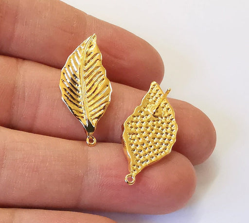 Leaf Earring Stud Base Shiny Gold Plated Brass Earring 1 pair (30x14mm) G24945