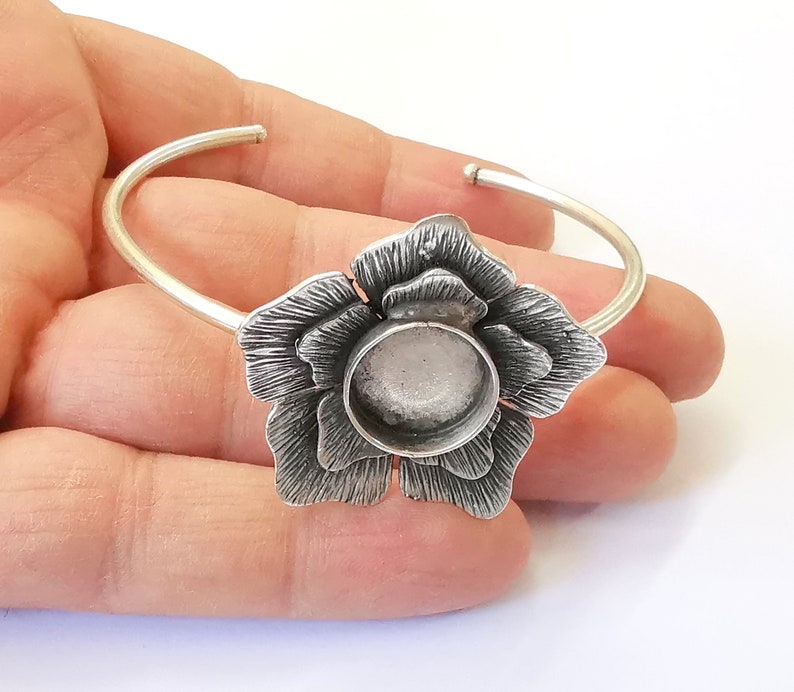 Flower Bracelet Brass Cuff Blank Bezel Glass Cabochon Base Adjustable Antique Silver (14mm ) G24947