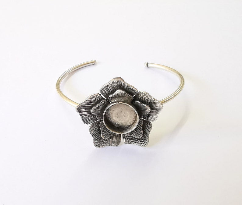 Flower Bracelet Brass Cuff Blank Bezel Glass Cabochon Base Adjustable Antique Silver (14mm ) G24947