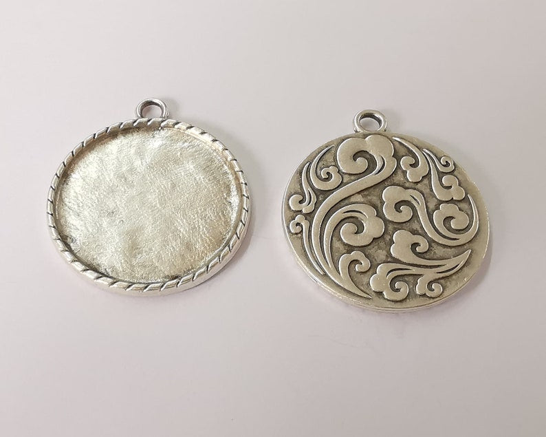 2 Branch Pendant Blank Bezel Setting Antique Silver Plated Pendant (37x32mm) (29mm Blank Size) G24813
