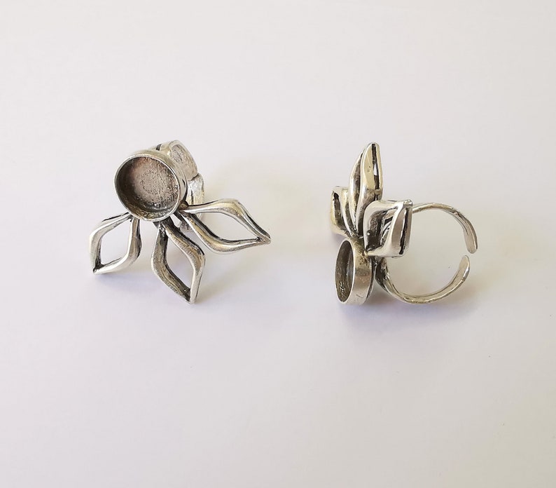 Leaf Silver Ring Blank Base Bezel Settings Cabochon Base Mountings Adjustable (12mm Blank) , Antique Silver Plated Brass G24965