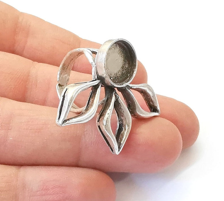 Leaf Silver Ring Blank Base Bezel Settings Cabochon Base Mountings Adjustable (12mm Blank) , Antique Silver Plated Brass G24965