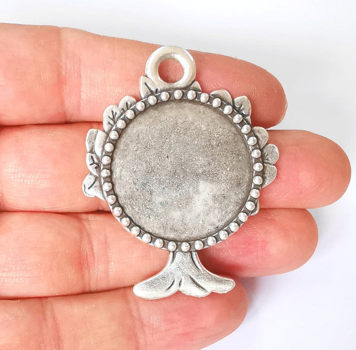 Tree Frame Pendant Blank Antique Silver Plated Pendant (53x42mm) (30mm Blank Size) G24895