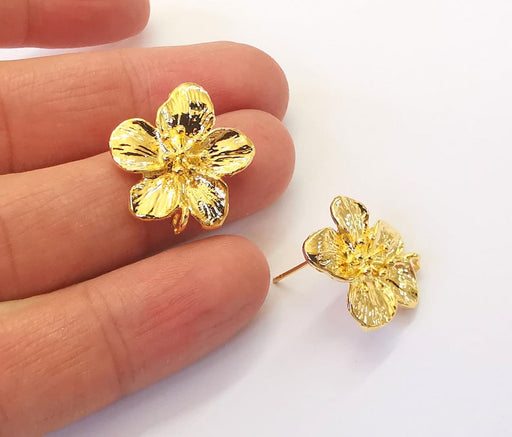 Flower Earring Stud Base Shiny Gold Plated Brass Earring 1 pair (24x21mm) G24912