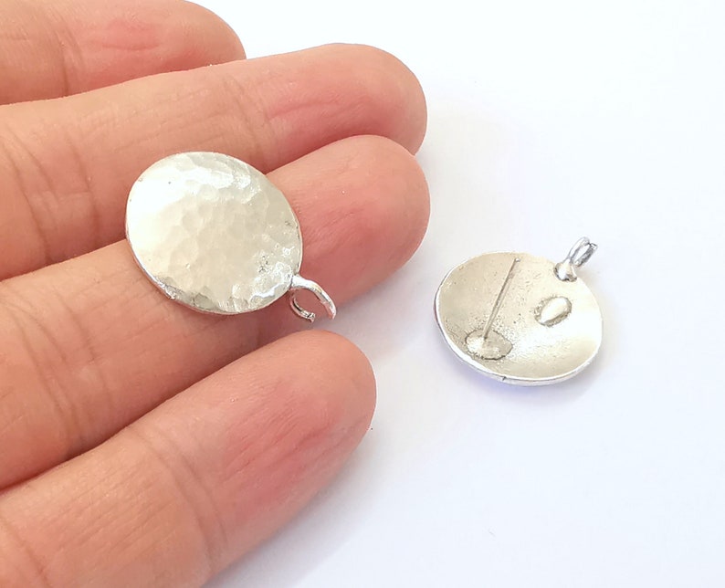 Hammered Round Earring Stud Base Earring Posts Antique Silver Plated Brass Earring 1 pair (25x20mm) G24916