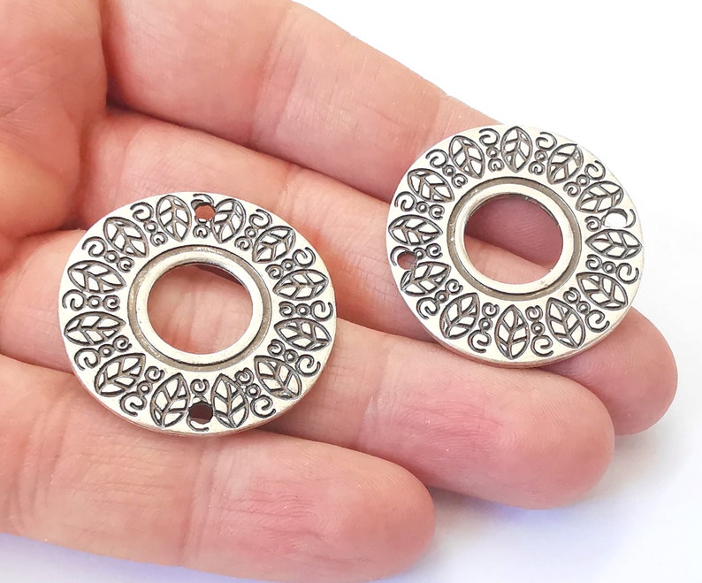 2 Round Charms Connector (Double Sided) Antique Silver Plated Charms (33mm) G24924