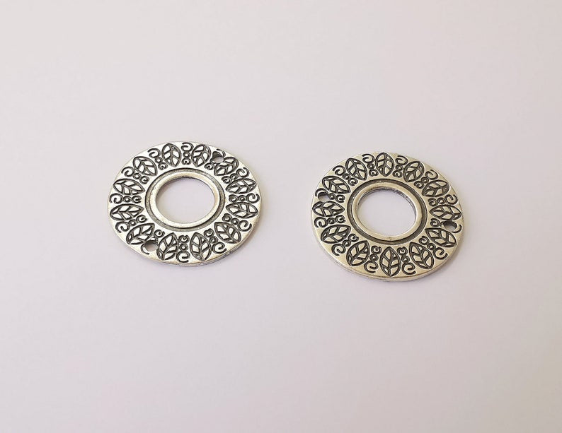 2 Round Charms Connector (Double Sided) Antique Silver Plated Charms (33mm) G24924