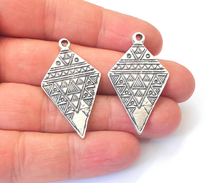 2 Dangle Boho Pendant Ethnic Tribal Charms Rustic Charms Antique Silver Plated Charms (41x23mm) G24926
