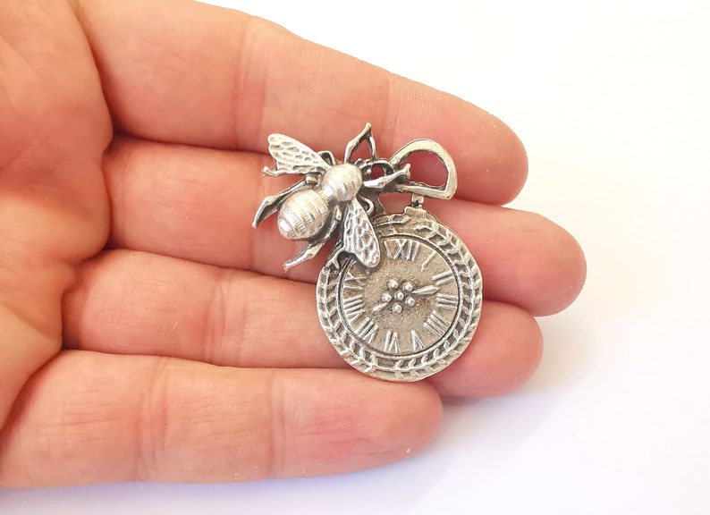 2 Bee and Clock Charm Antique Silver Plated Charms (46x32mm) G24931