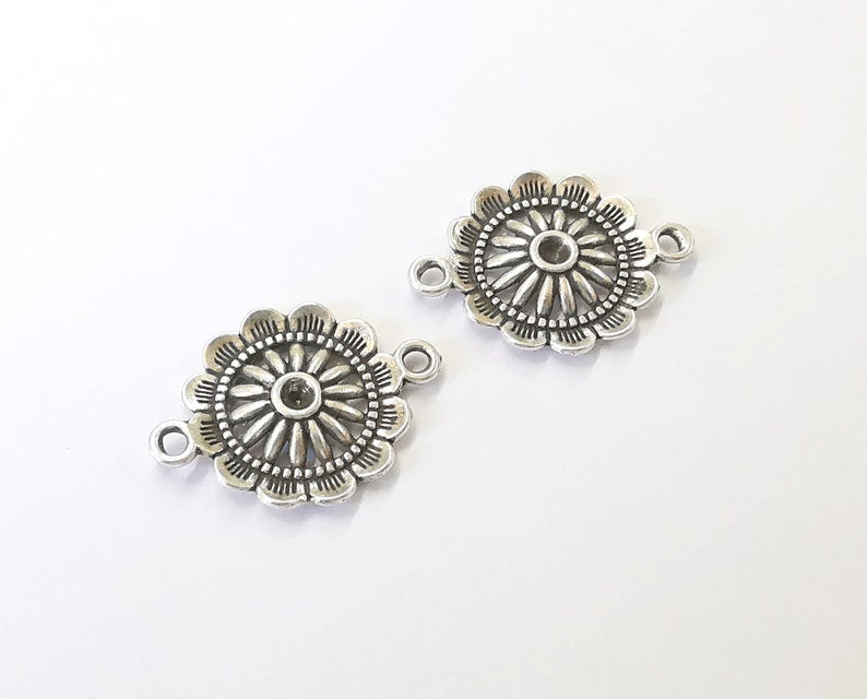 4 Flower charms connector Antique silver plated charms (28x21mm) G25045