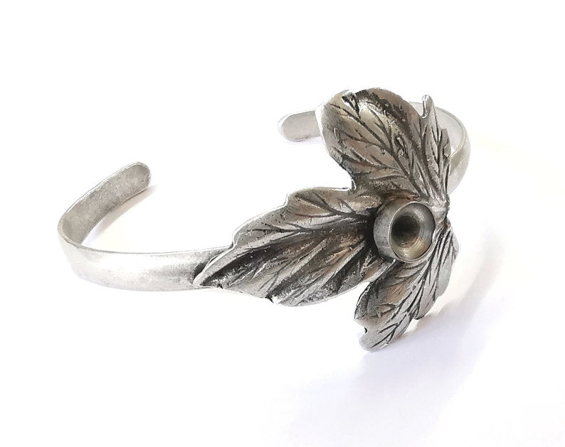 Leaf bracelet brass cuff blank bezel Glass cabochon base Adjustable antique silver(8mm ) G25051