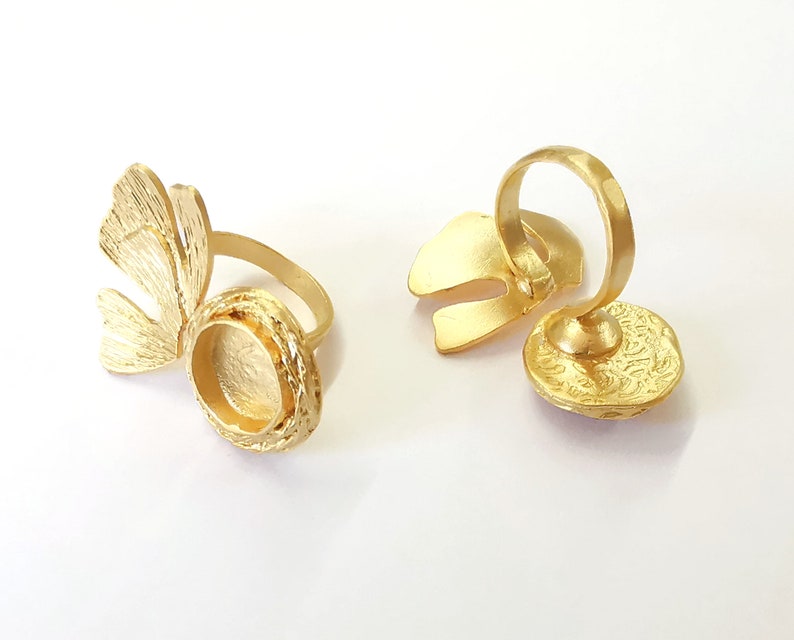 Leaf ring base blank setting cabochon base inlay ring Hammered mounting Adjustable Ring Bezel (13mm blank ) Gold Plated brass G25053