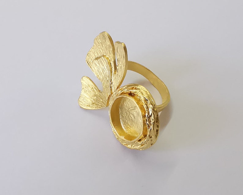 Leaf ring base blank setting cabochon base inlay ring Hammered mounting Adjustable Ring Bezel (13mm blank ) Gold Plated brass G25053