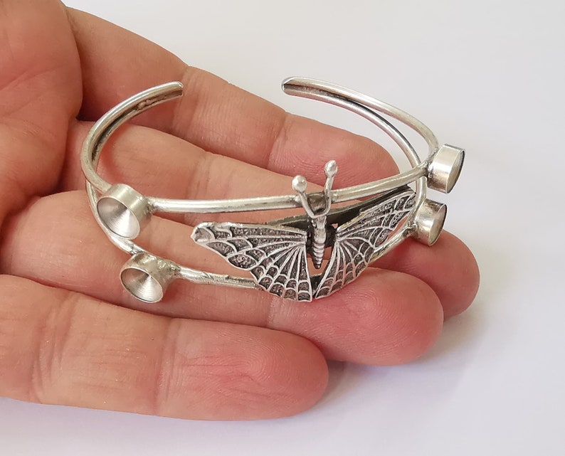 Butterfly wire bracelet cuff blank bezel Glass cabochon base Adjustable antique silver plated brass (8mm ) G25061