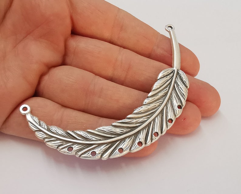 Feather pendant connector Antique silver plated pendant (92mm) G25085