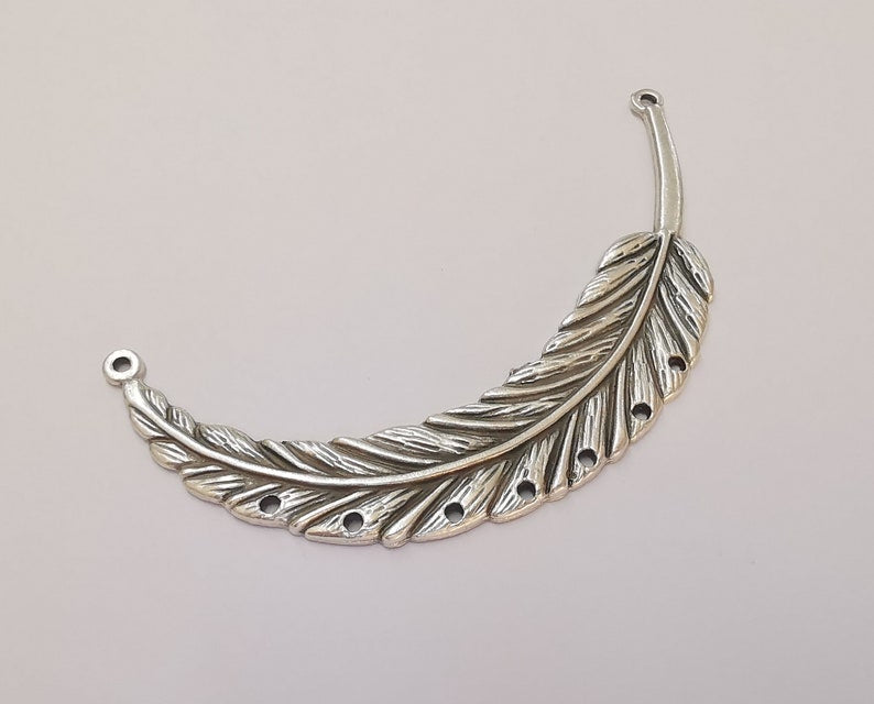 Feather pendant connector Antique silver plated pendant (92mm) G25085