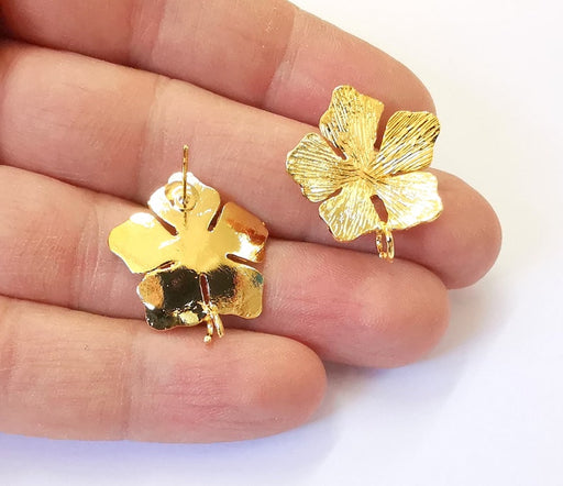 Flower Earring Stud Base Shiny Gold Plated Brass Earring 1 pair (26x23mm) G24944