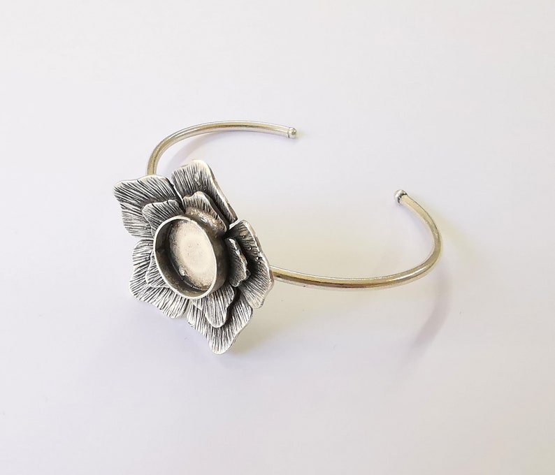 Flower Bracelet Brass Cuff Blank Bezel Glass Cabochon Base Adjustable Antique Silver (14mm ) G24947
