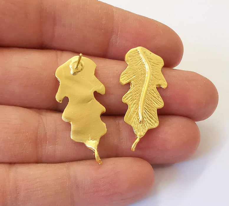 Leaf Earring Stud Base Gold Plated Brass Earring 1 pair (35x16mm) G24950