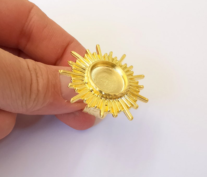 Sun Ring Blank Setting Textured Base Bezel inlay Ring Backs Glass Cabochon Mounting Adjustable Gold Plated (16mm bezel ) G24983