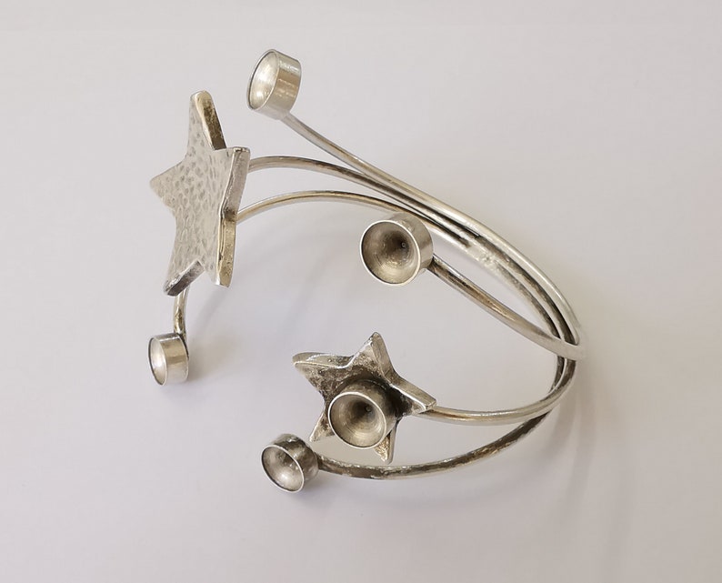 Stars bracelet brass cuff blank bezel Glass cabochon base Adjustable antique silver plated brass (8mm Blanks ) G25713