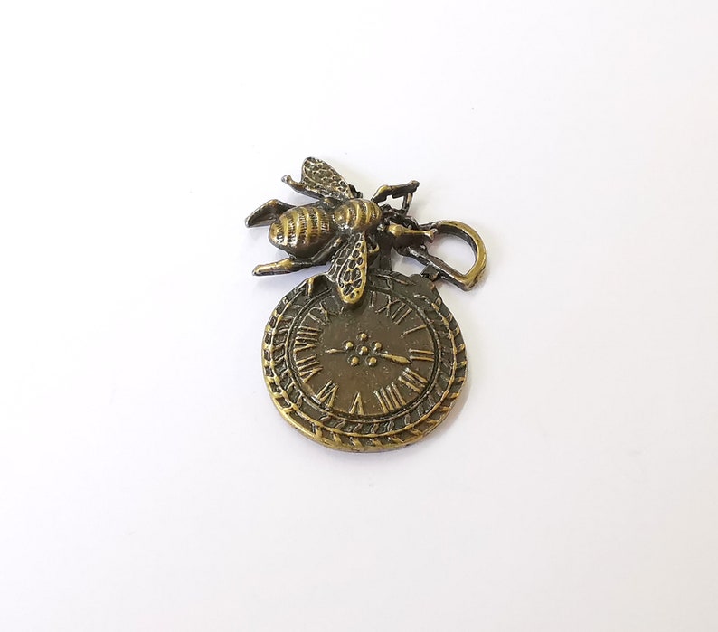 2 Bee and Clock Charm Antique Bronze Plated Charms (46x32mm) G25179