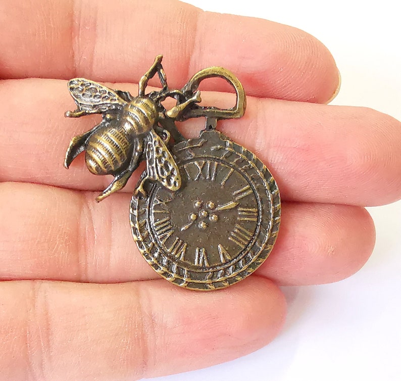 2 Bee and Clock Charm Antique Bronze Plated Charms (46x32mm) G25179