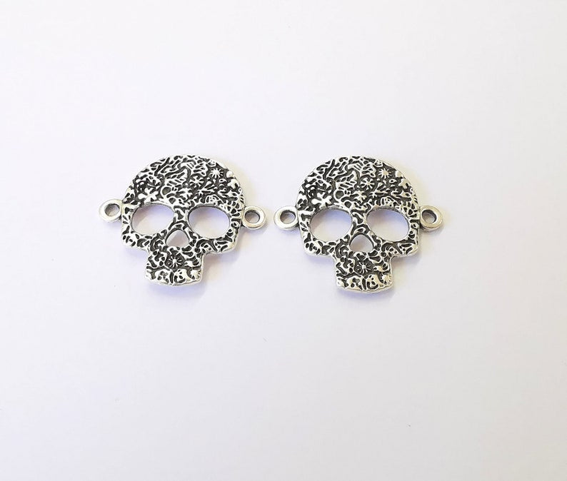 2 Skull Silver Charms Connector Charms Antique Silver Plated Charms (32x30mm) G24993