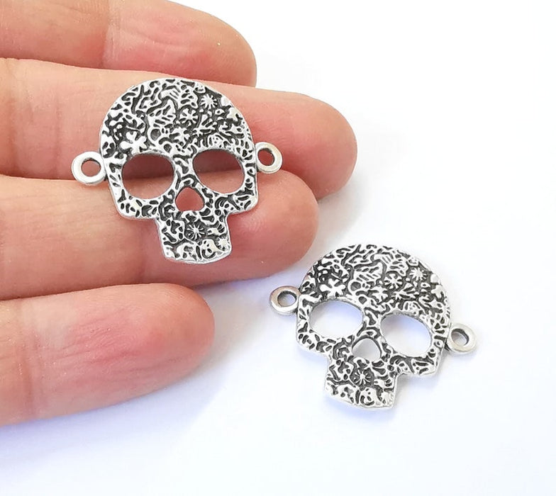 2 Skull Silver Charms Connector Charms Antique Silver Plated Charms (32x30mm) G24993