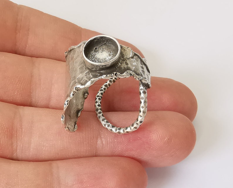 Silver Ring Blank Base Bezel Settings Cabochon Base Mountings Adjustable (8mm Blank) , Antique Silver Plated Brass G25195