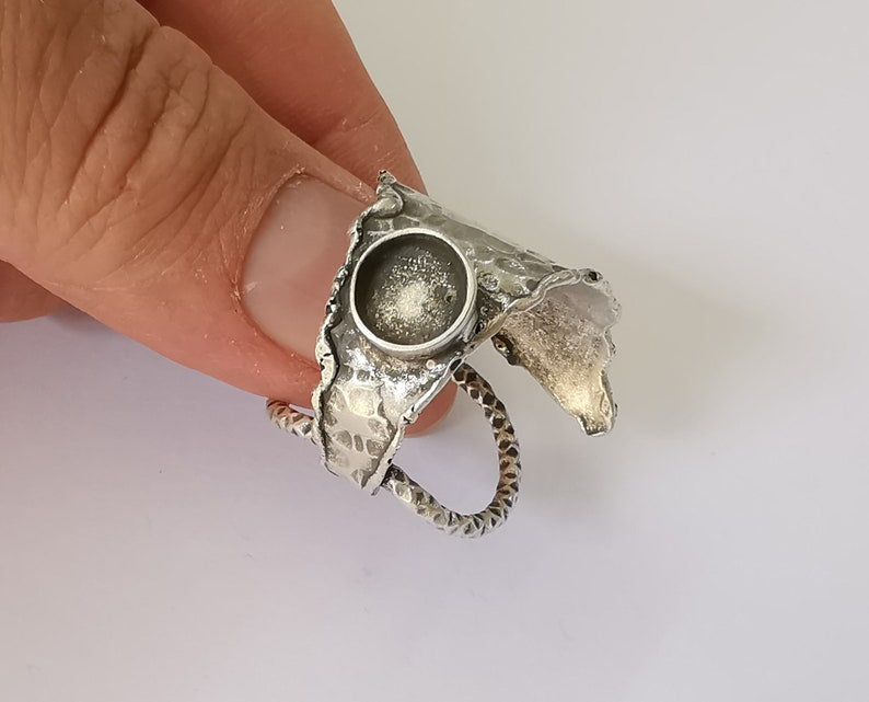 Silver Ring Blank Base Bezel Settings Cabochon Base Mountings Adjustable (8mm Blank) , Antique Silver Plated Brass G25195