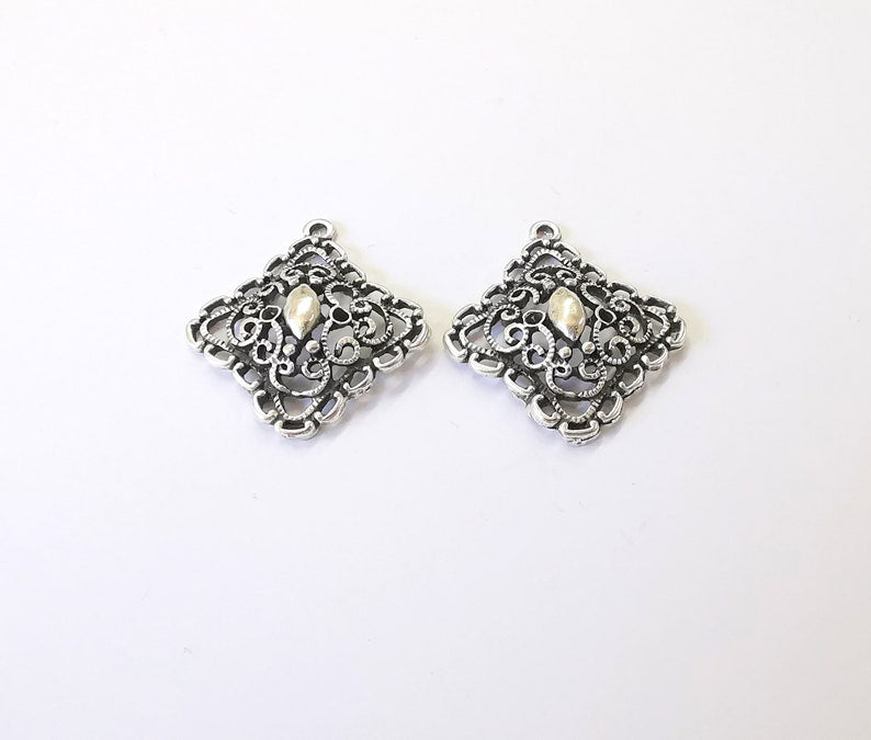 2 Dangle Boho Charms Ethnic Tribal Charms Rustic Charms Antique Silver Plated Charms (35x31mm) G25013