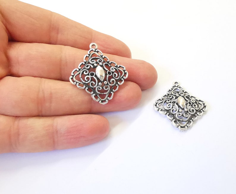 2 Dangle Boho Charms Ethnic Tribal Charms Rustic Charms Antique Silver Plated Charms (35x31mm) G25013