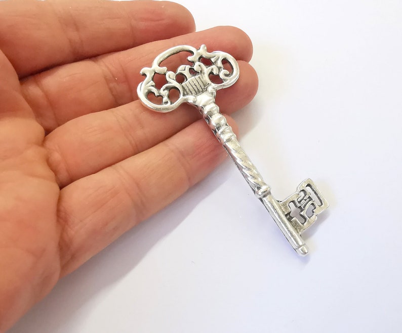 Key Pendant Antique Silver Plated Charms (81x37mm) G25015