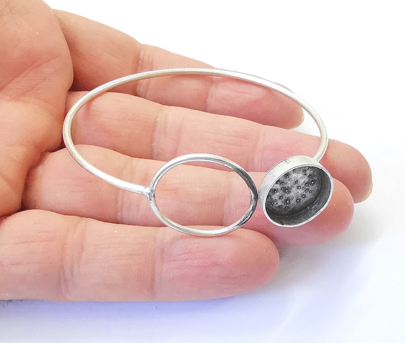 Silver Bracelet Brass Cuff Blank Bezel Glass Cabochon Base Adjustable Antique Silver (14mm) G25018