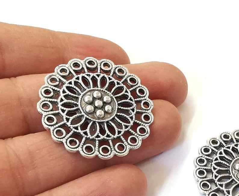 2 Filigree round charms connector Antique Silver Plated Charms (35mm) G25043