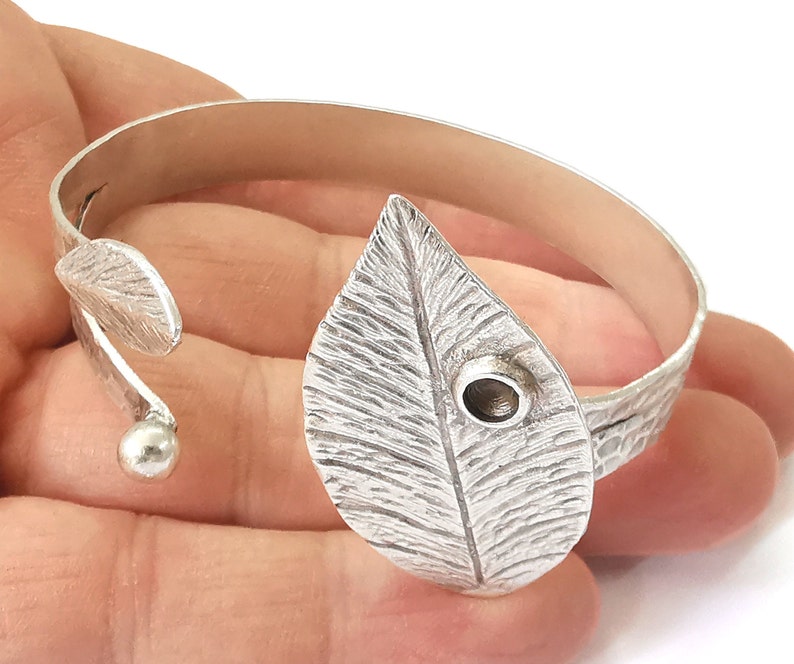 Leaf bracelet brass cuff blank bezel Glass cabochon base Adjustable antique silver (4mm ) G25298