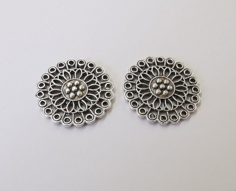 2 Filigree round charms connector Antique Silver Plated Charms (35mm) G25043