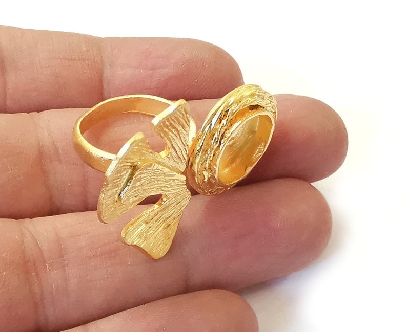 Leaf ring base blank setting cabochon base inlay ring Hammered mounting Adjustable Ring Bezel (13mm blank ) Gold Plated brass G25053