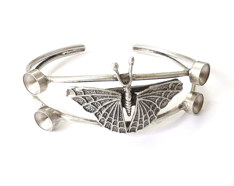 Butterfly wire bracelet cuff blank bezel Glass cabochon base Adjustable antique silver plated brass (8mm ) G25061