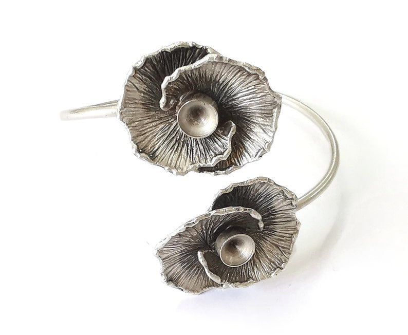 Flower wire bracelet cuff blank bezel Glass cabochon base Adjustable antique silver plated brass (8mm ) G25062