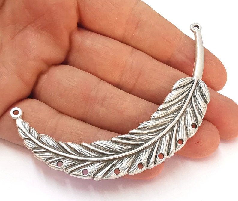 Feather pendant connector Antique silver plated pendant (92mm) G25085